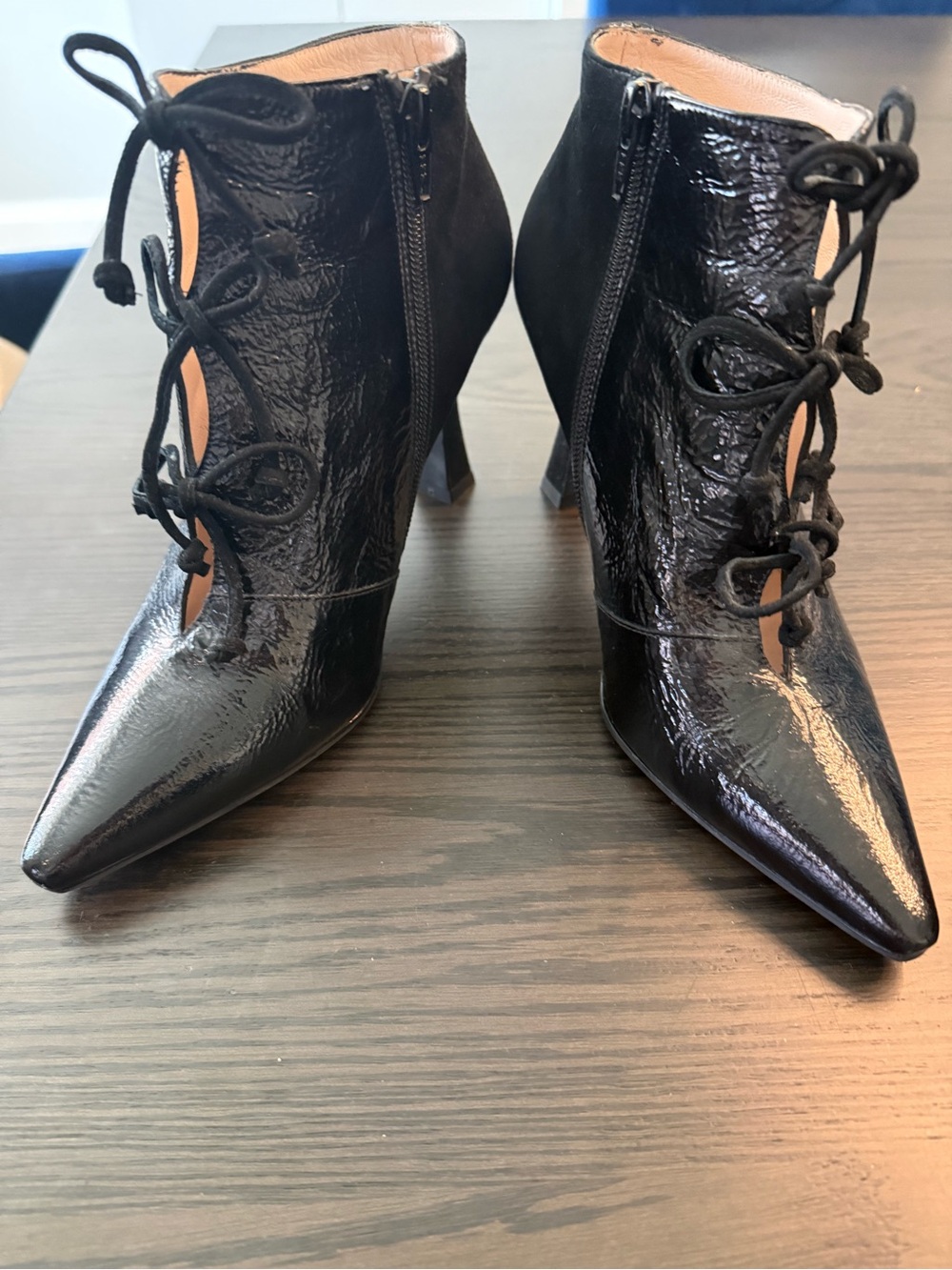 Black Lace-Up Patent Leather Pointed Ankle Boots